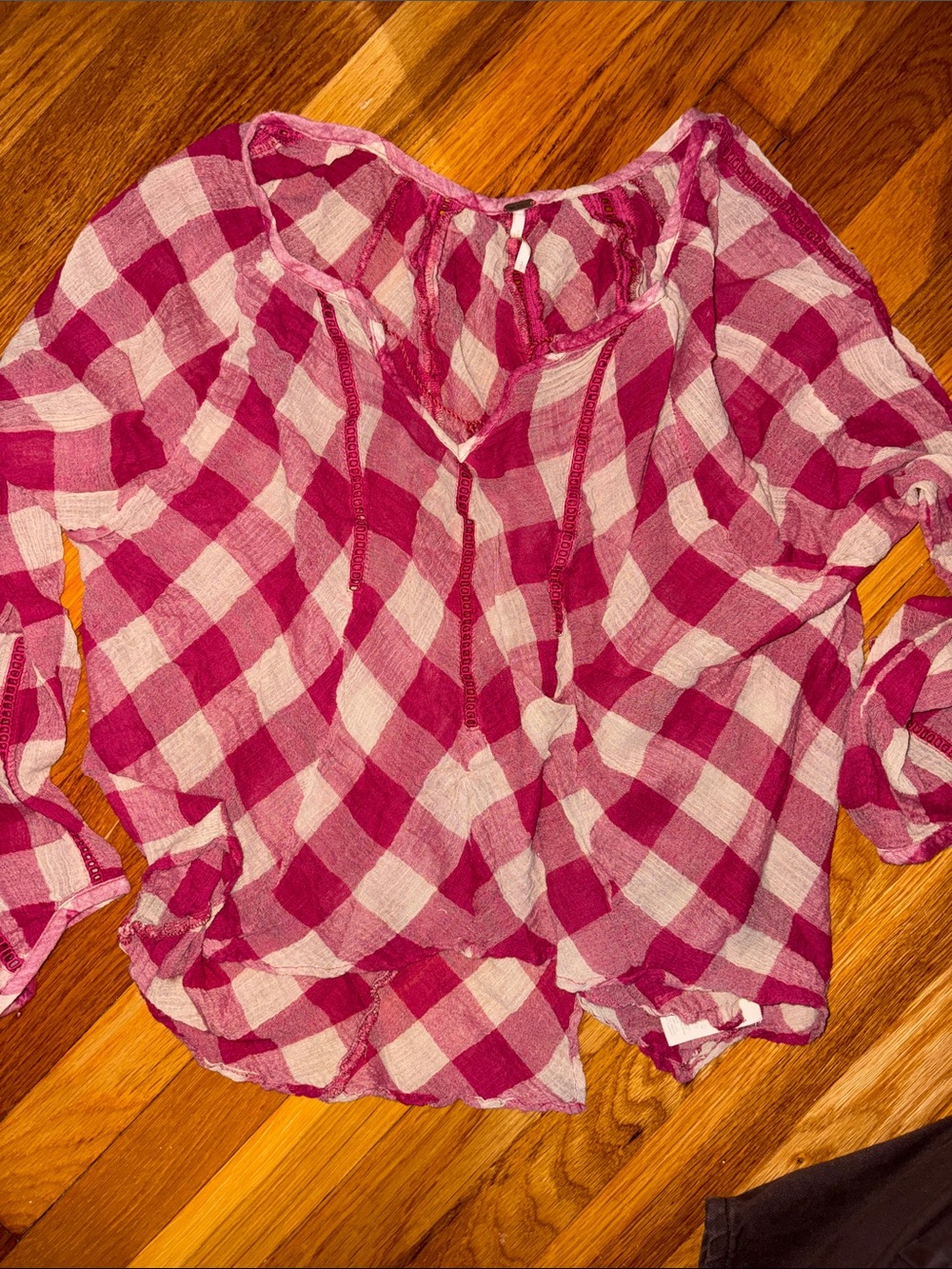 Free People Pink Checked Peasant Blouse